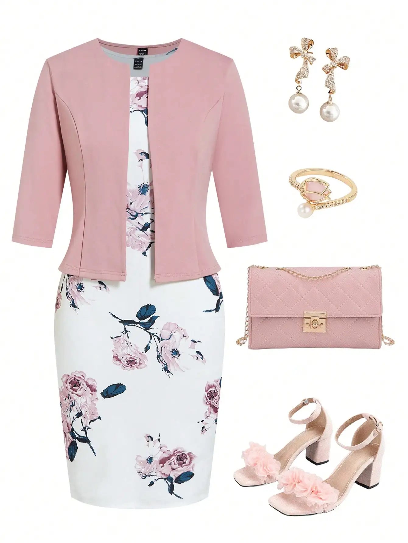 2-Piece Women's Floral Print Bodycon Dress with Pink 3/4 Sleeve Cardigan Set