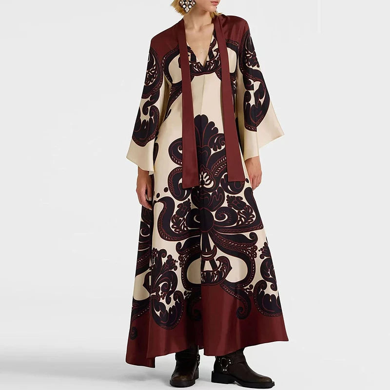Ethnic Vintage Pattern Print Muslim Women Dresses Spring V Neck Lace-up Loose Long Dress Autumn 3/4 Flare Sleeve Boho Maxi Dress - She Vibess By C2P