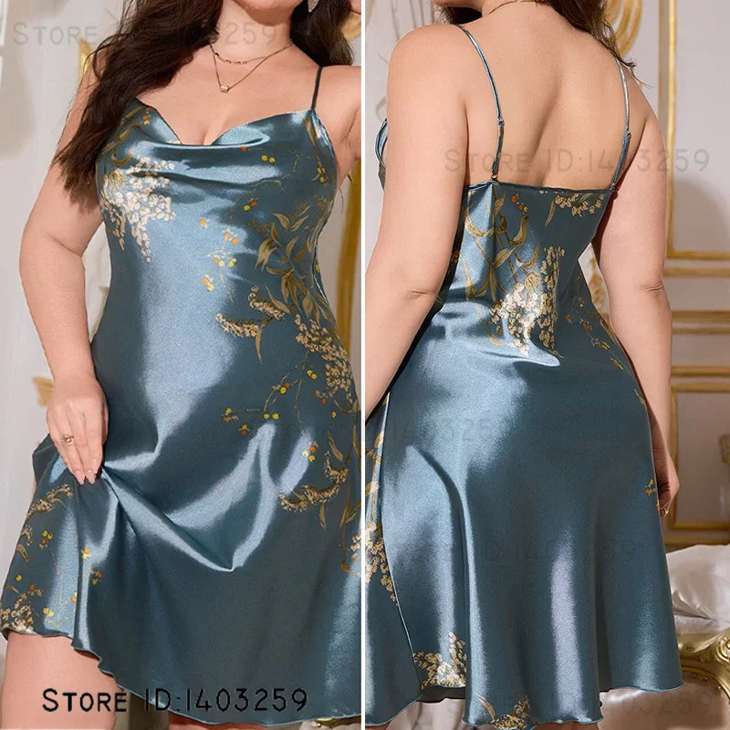 Large Size 5XL Women Suspender Nightgown Home Dress Sexy Print Flower Nightdress Intimate Lingerie Loose Casual Satin Loungewear - She Vibess By C2P