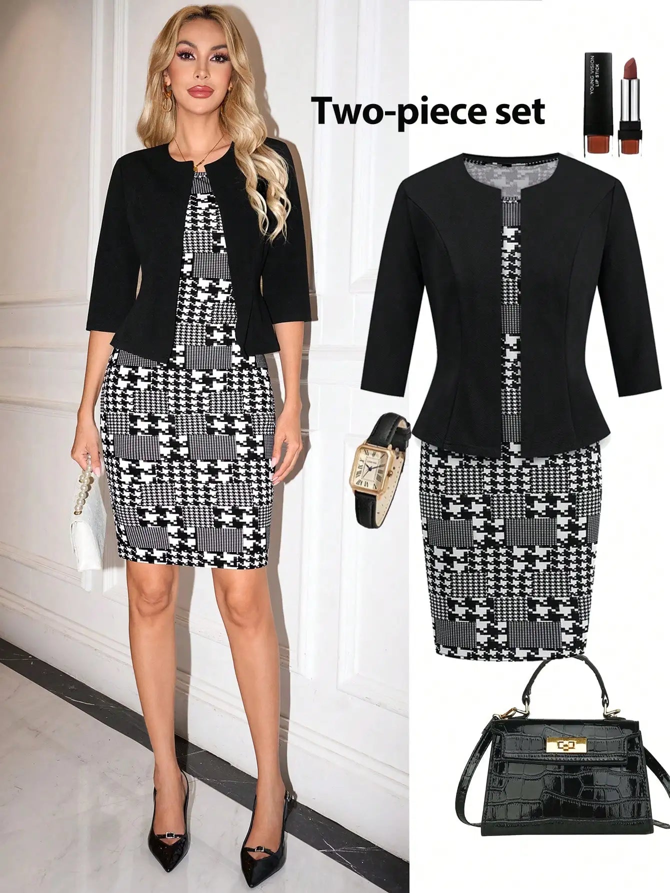 2-Piece Women's Floral Print Bodycon Dress with Pink 3/4 Sleeve Cardigan Set