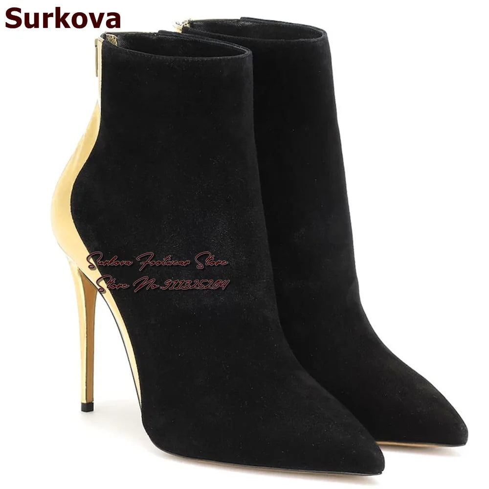 Surkova Red Snakeskin Patchwork Suede Pointed Toe Ankle Boots Women Python Thin High Heel Short Booties Back Zipper Dress Shoes - She Vibess By C2P