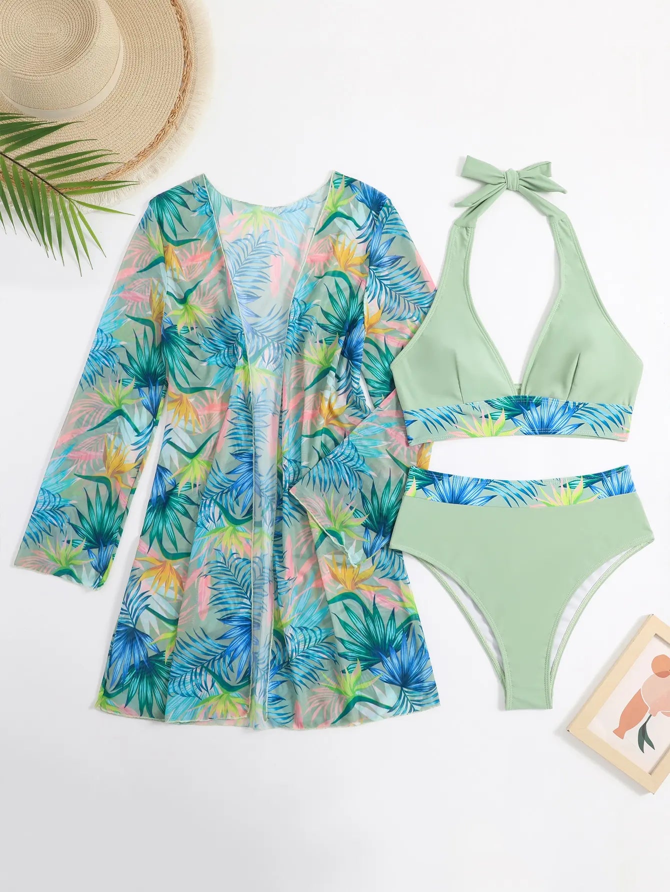 Halter Print Bikini Sets 3PCS Women Swimsuit With Kimono High Waist Swimwear Female Bathers Bathing Swimming Swim Suit Beachwear - She Vibess By C2P
