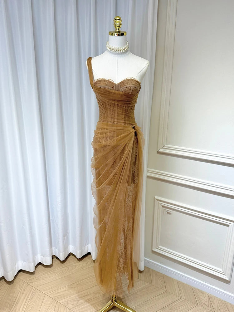 DEAT Women's Single Shoulder Spliced Lace Slit Long Dress 2025 Summer Solid Color Zipper Sleeveless Split Elegant Dresses 15C455 - She Vibess By C2P
