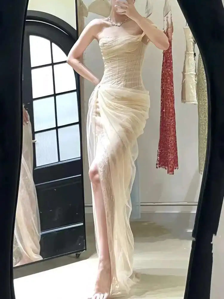 DEAT Women's Single Shoulder Spliced Lace Slit Long Dress 2025 Summer Solid Color Zipper Sleeveless Split Elegant Dresses 15C455 - She Vibess By C2P
