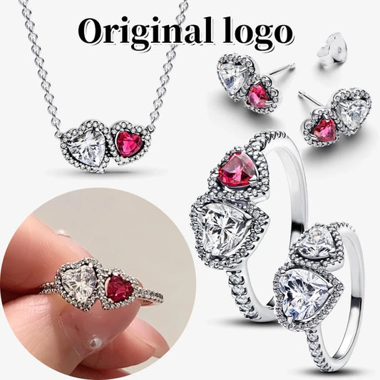 New in Rings Colorful Zircon Shining Red Heart-shaped Jewelry Sets Double Heart Classic Ring Necklace Earrings Luxury Jewelry - She Vibess By C2P