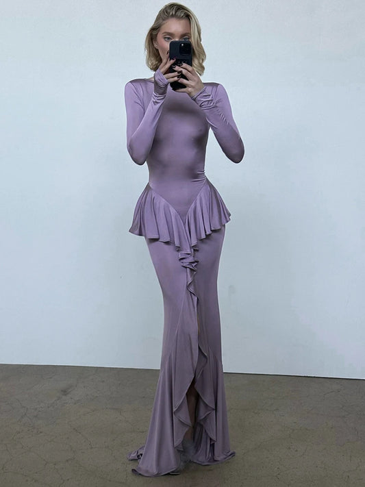 Mozision Backless Ruffled Sexy Maxi Dress For Women Gown Fashion O Neck Long Sleeve Thigh High Split Evening Long Dress Elegant - She Vibess By C2P