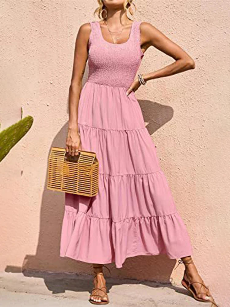 Dresses For Women 2024 Summer Sexy Elegant Sleeveless Floral Solid Color Long Dress Fashion Elastic Waist Beach Party Big Swing - She Vibess By C2P