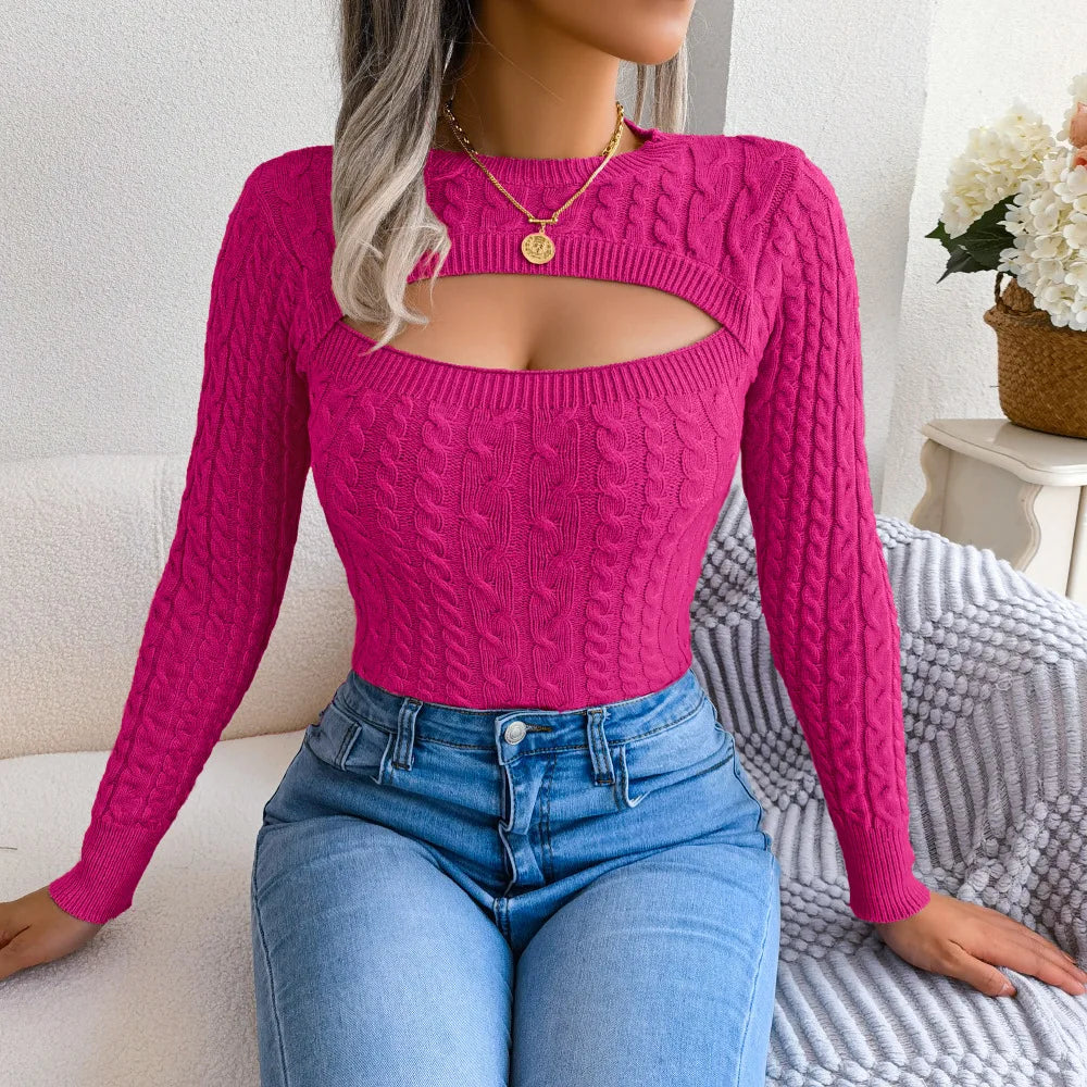 Women's Clothing Autumn Winter New Sweater Sexy Hollow Fashion Fried Dough Twists Long Sleeve Round Neck Pullover Sweater Women