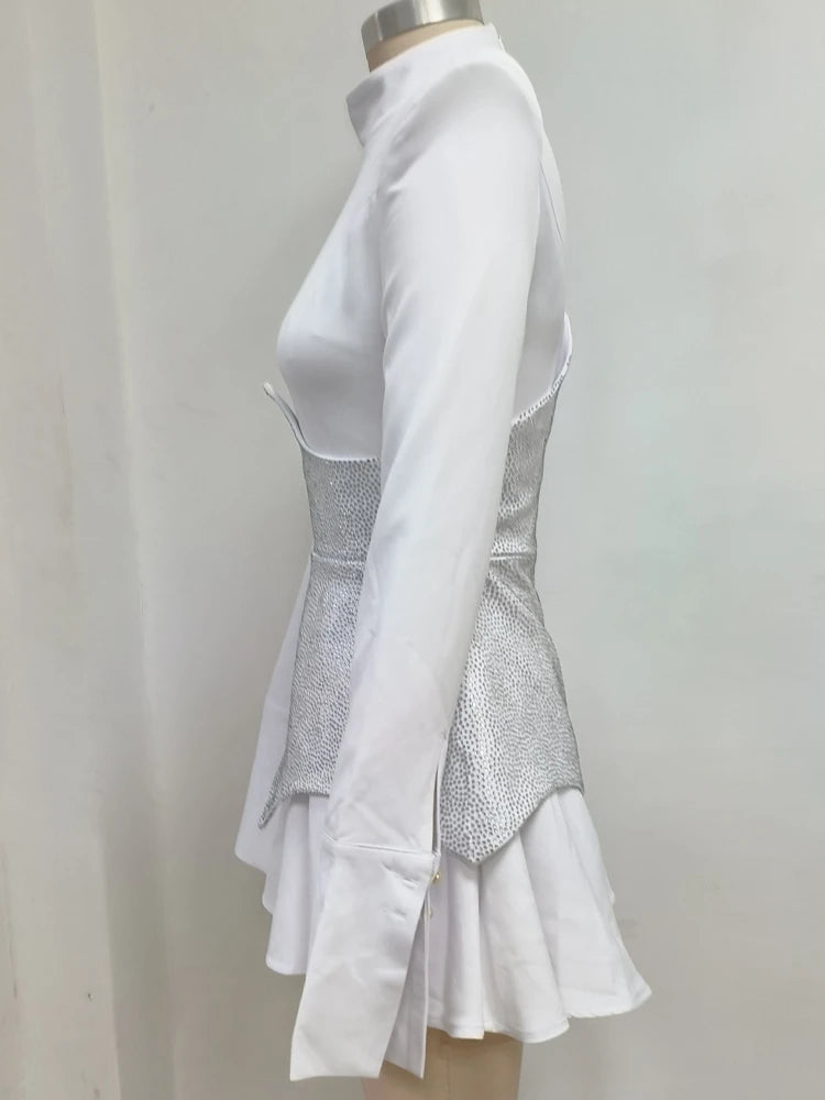 Vestido mini de lujo con cristales y mangas largas, sexy, con cintura brillante y diamantes, corte A, para mujer, color negro, para fiestas de celebridades y noche.