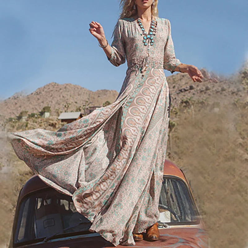 Vintage Pattern Printed Bohemian Long Dress Elegant V Neck Split Loose Dress 2025 New Casual Elastic Waist Lace Up Button Dress - She Vibess By C2P
