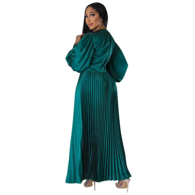 2024 Spring Pleated Loose Fit Maxi Dresses Women Solid Ruched Lantern Sleeve Party Evening Wedding Long Dress Women - She Vibess By C2P