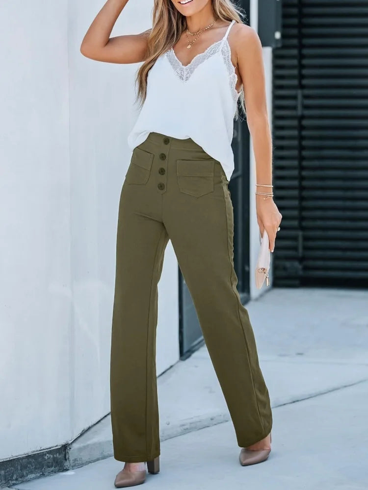 Fashion New Women's Trousers Casual Straight High Waist Button Elastic Daily Office Ladies Multi-Pocket Basic Sweatpants