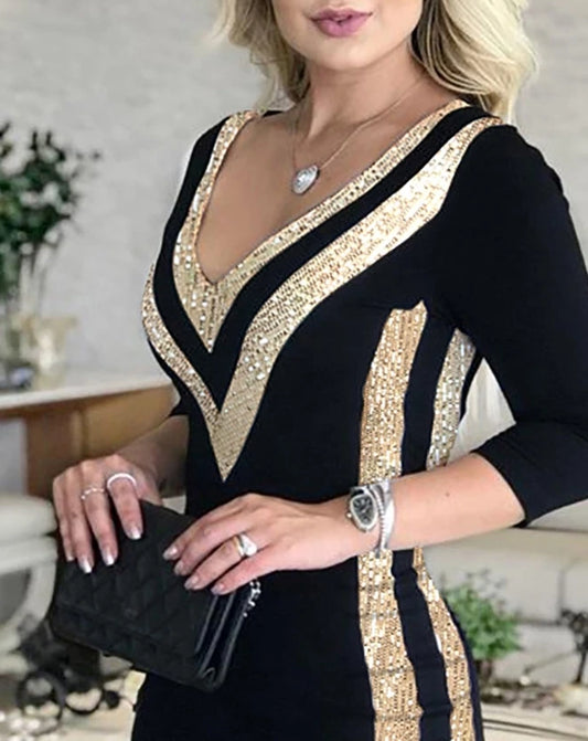 2023 Autumn Winter Spring New Fashion Casual Elegant Evening Party Dresses for Women Sexy Contrast Sequin V-Neck Bodycon Dress - She Vibess By C2P