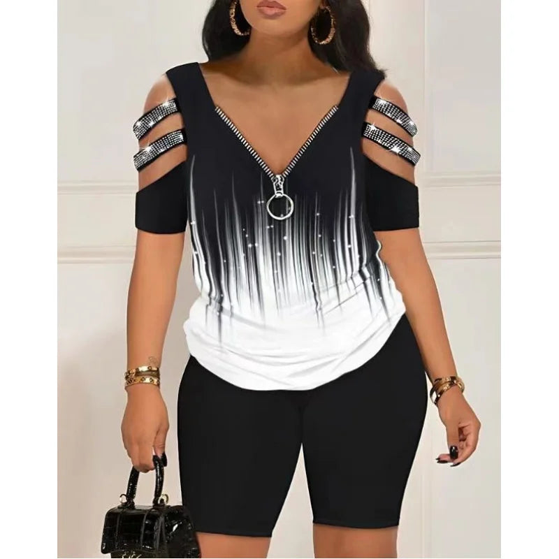 2023Summer European and American Fashion Positioning Printing Short-Sleeved Women's CasualVCollar Zipper Top and Shorts Two-Piec - She Vibess By C2P