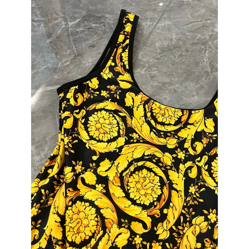 Fashion Design Bikini Sets Women's Gold Flower Pattern Swimsuits Designer Brand Women's Sexy Swimwear Backless Beach Swimsuits - She Vibess By C2P