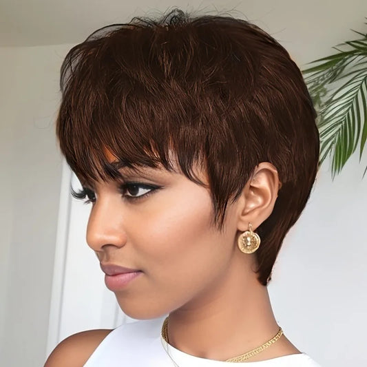 machine made short straight pixie cut natural black color 6inch 150% density human hair wigs for women daily use remy wig - She Vibess By C2P