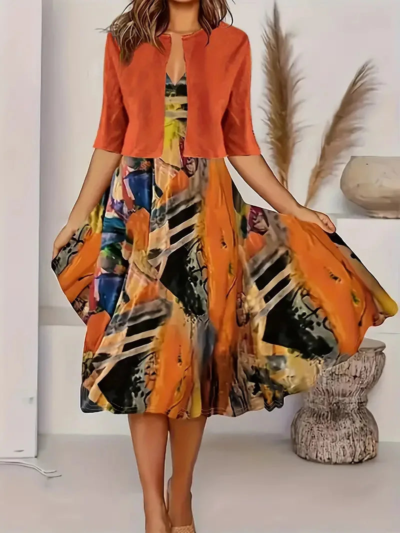 2024 Europe and the United States autumn new women's long dress two-piece set of floral print round neck dress coat women - She Vibess By C2P