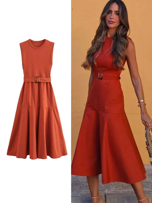 BWQ New Women Solid Patchwork Dress With Belt Elegant Office Ladies Sleeveless O-neck Dress Vintage Causal A-line Long Dress - She Vibess By C2P
