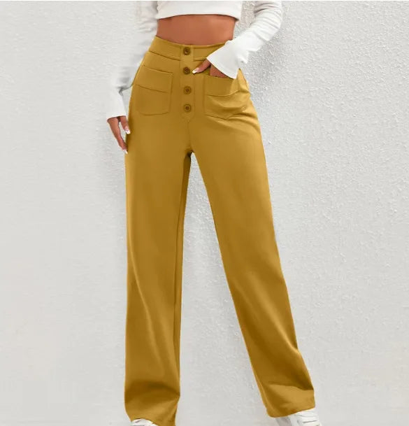 Fashion New Women's Trousers Casual Straight High Waist Button Elastic Daily Office Ladies Multi-Pocket Basic Sweatpants