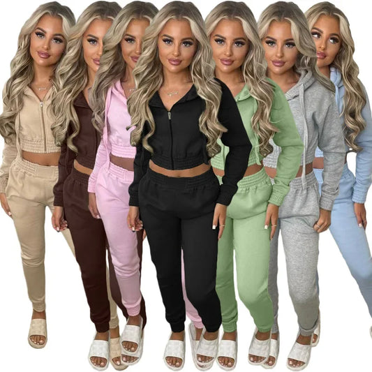 TK6306 Women's Fleece-Lined Sweatshirt Hooded Sporty Casual Suit Cross-Border European And American Style Clothing - She Vibess By C2P