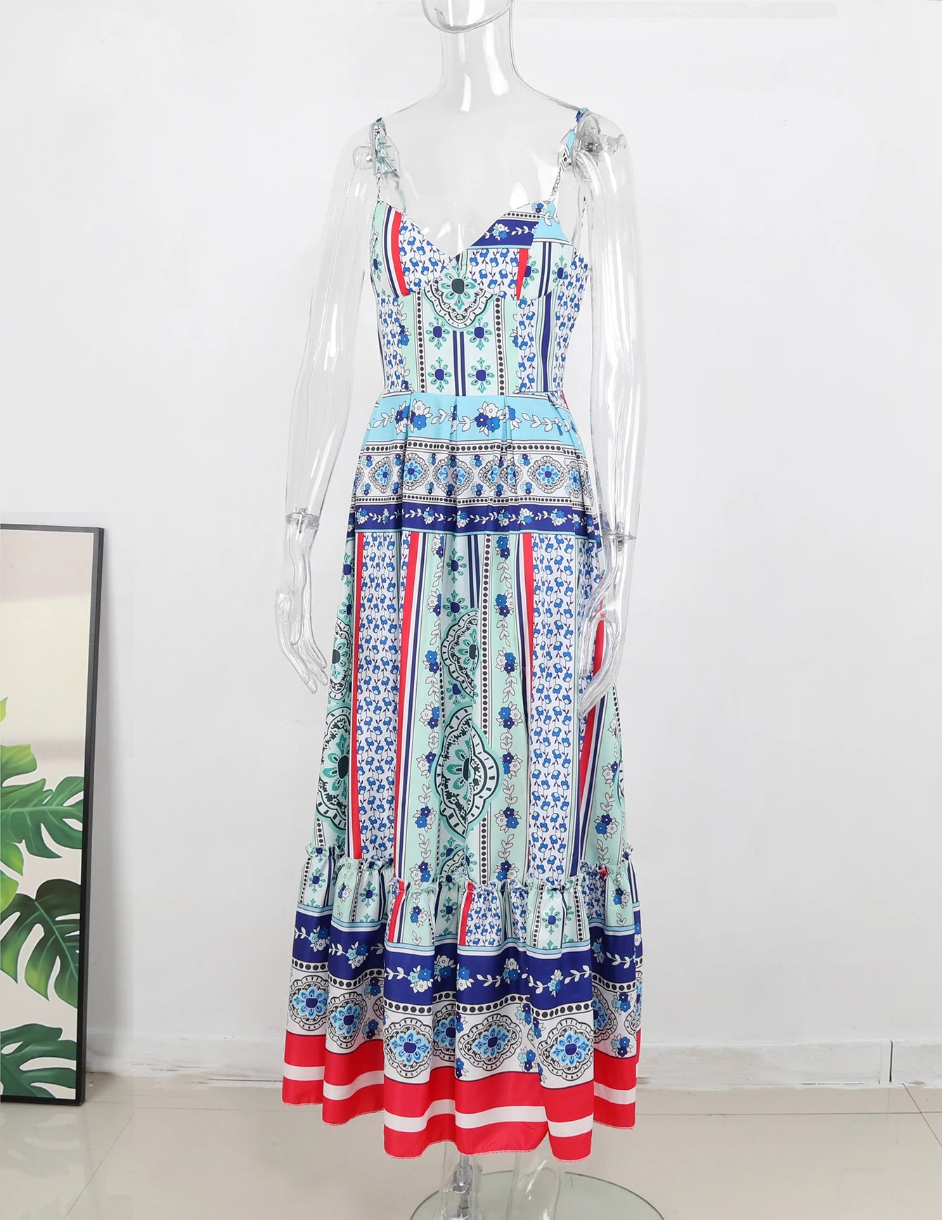 Summer Print Long Dress Women Clothing Lace Up Sling Party Dresses Pattern Strappy Ladies Hollow Out V-Neck Beach Vestidos - She Vibess By C2P