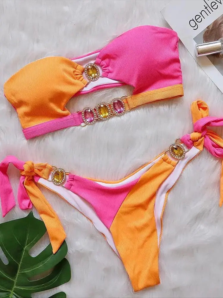 2024 Sexy Rhinestones Brazilian Bikini Woman Swimsuits Crystal Swimwear Bandeau Bikini Thong Biquini Swim Suits Beachwear - She Vibess By C2P