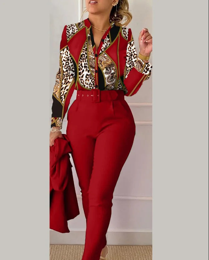 Autumn Winter Stand Neck Floral Print Long Sleeve Shirt Pants Two Piece Sets Elegant Women Casual Shirt Trousers Suits With Belt - She Vibess By C2P