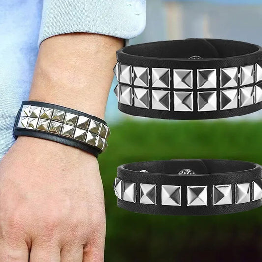 Y2K Wrist Fashion Square Bead Rivet Wrist Strap Personalized Retro Pyramid Punk PU Jewelry Bracelet Belt Strap Suitable for Men Women - She Vibess By C2P