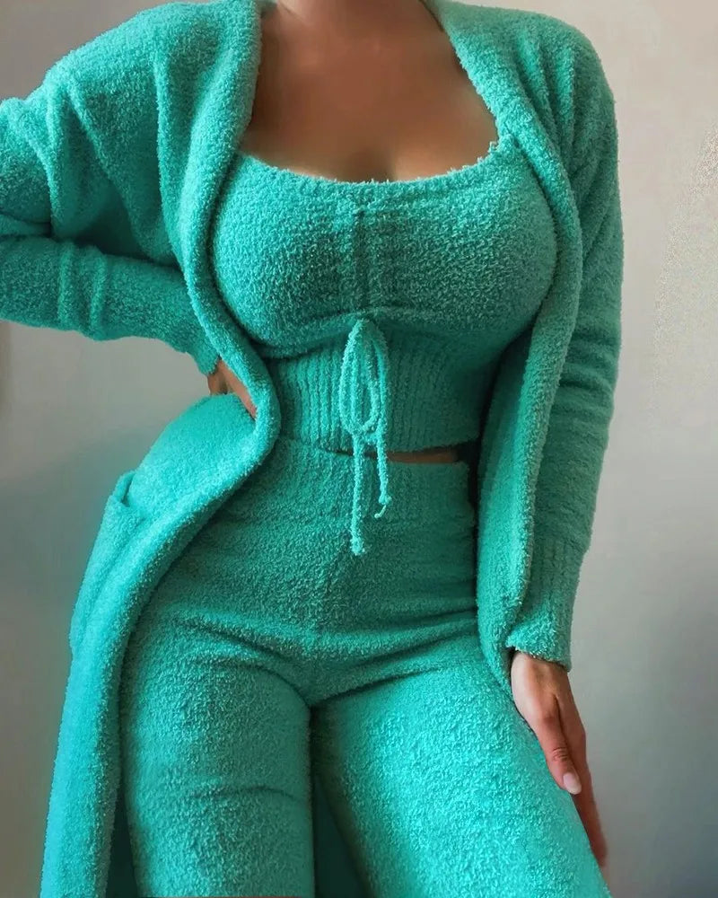 Fashion Plush Lace Up Cardigan 3 Piece Women's Trouser Set Autumn And Winter New Solid Color Asual Warm Home Wear Female Set2025