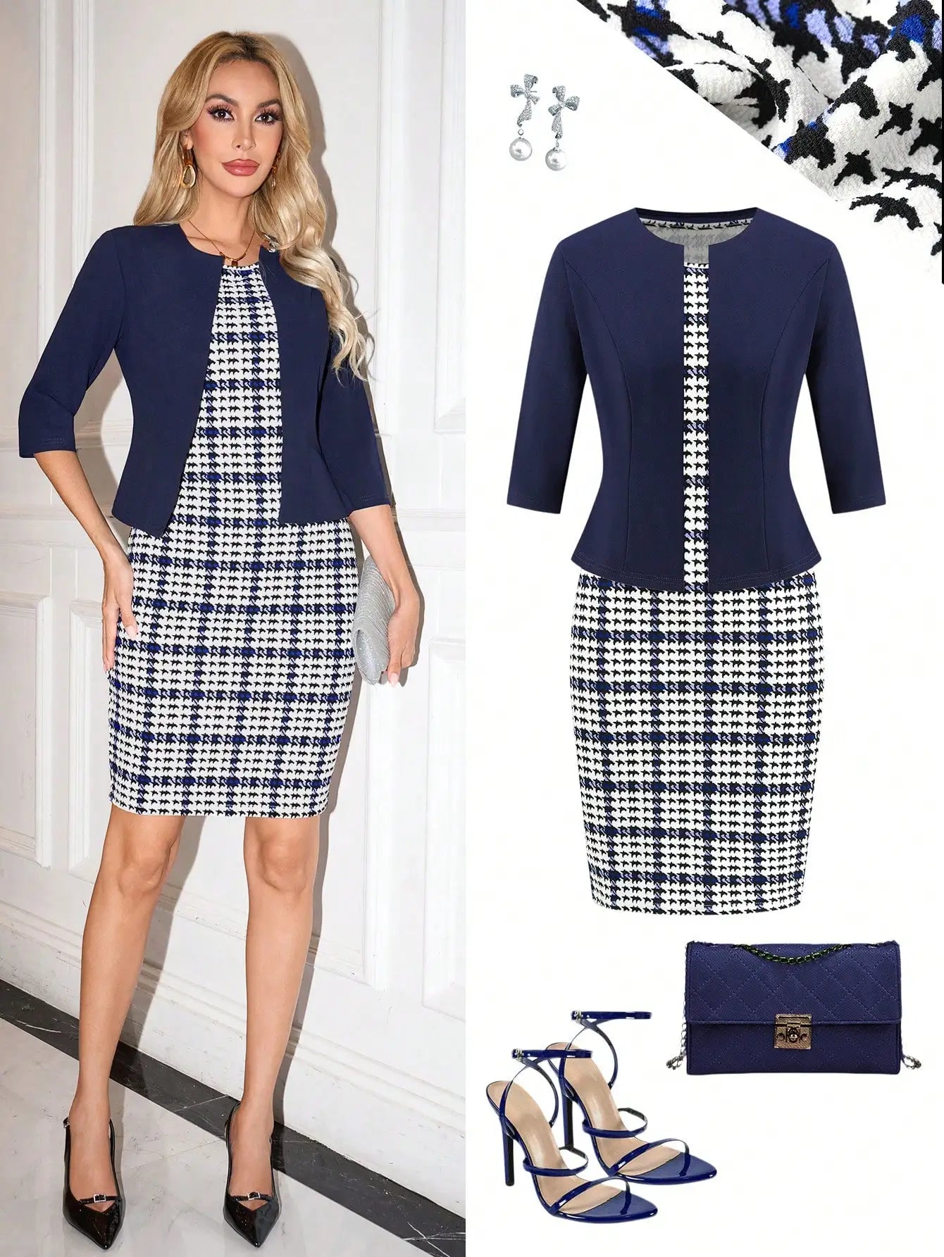 2-Piece Women's Floral Print Bodycon Dress with Pink 3/4 Sleeve Cardigan Set