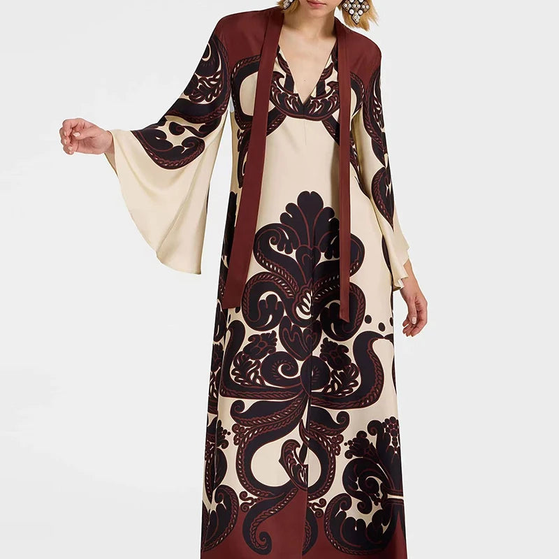Ethnic Vintage Pattern Print Muslim Women Dresses Spring V Neck Lace-up Loose Long Dress Autumn 3/4 Flare Sleeve Boho Maxi Dress - She Vibess By C2P