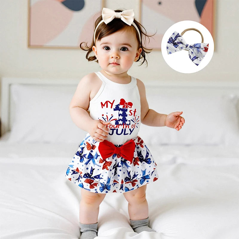 Independence Day Toddler Girls Outfit Set with Sleeveless Tank Top Bow Skirt and Headband - Patriotic Baby Clothes for 4th of - She Vibess By C2P