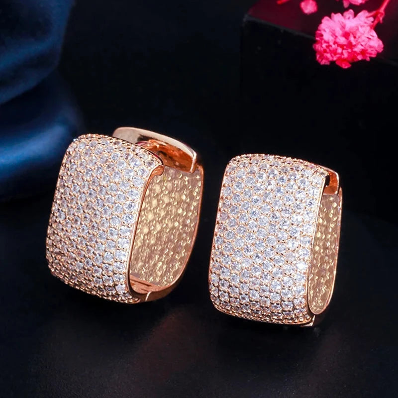 Huitan Full Cubic Zirconia Hoop Earrings for Women Bling Bling Temperament Female Ear Accessories Luxury Bridal Wedding Jewelry - She Vibess By C2P
