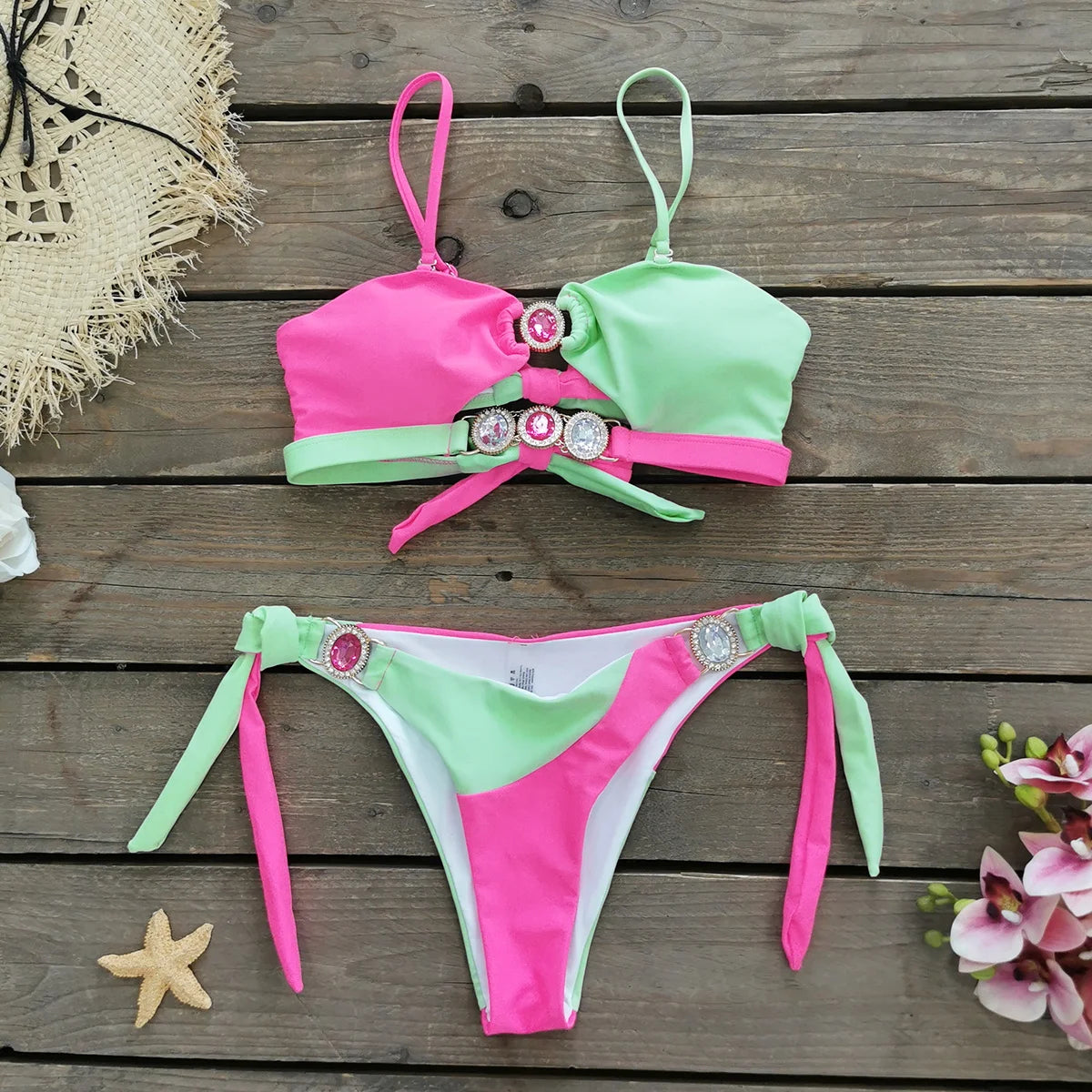 2024 Sexy Rhinestones Brazilian Bikini Woman Swimsuits Crystal Swimwear Bandeau Bikini Thong Biquini Swim Suits Beachwear - She Vibess By C2P