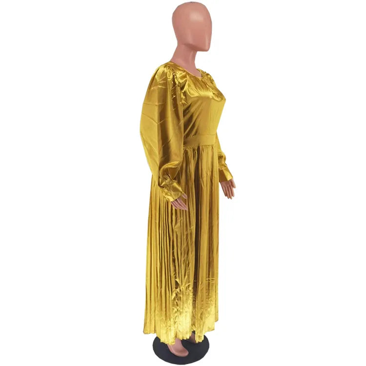 2024 Spring Pleated Loose Fit Maxi Dresses Women Solid Ruched Lantern Sleeve Party Evening Wedding Long Dress Women - She Vibess By C2P