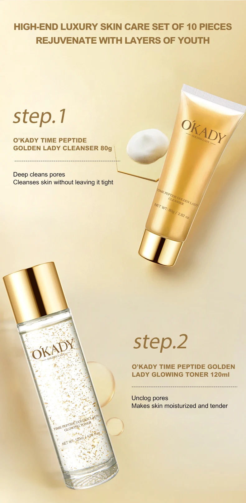 OKADY Skin Care Set Anti Aging Skin 10-piece Daily Care Routine Kit With Vitamin C Peptides Facial Cleanser Eye Mask Toner Serum - She Vibess By C2P