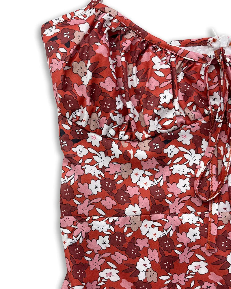Flower Printed Spaghetti Strap Dresses For Women Sexy Low Cut Beach Party Slim Slit Dress Chic Bodycon Lady Sleeveless Vestidos - She Vibess By C2P