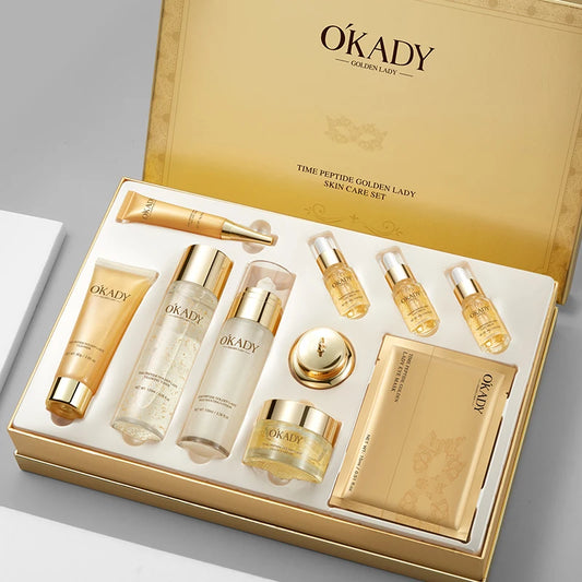 OKADY Skin Care Set Anti Aging Skin 10-piece Daily Care Routine Kit With Vitamin C Peptides Facial Cleanser Eye Mask Toner Serum - She Vibess By C2P