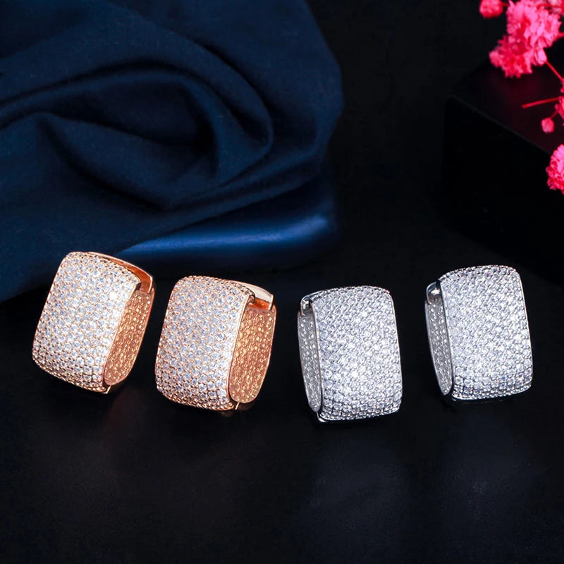 Huitan Full Cubic Zirconia Hoop Earrings for Women Bling Bling Temperament Female Ear Accessories Luxury Bridal Wedding Jewelry - She Vibess By C2P