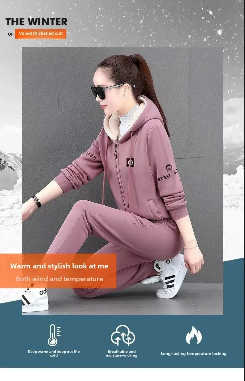 Fashionable Thickened Fleece Set Women's Loose Casual Outfit Hoodie with Pocket Two-Piece Autumn Winter Style Streetwear - She Vibess By C2P