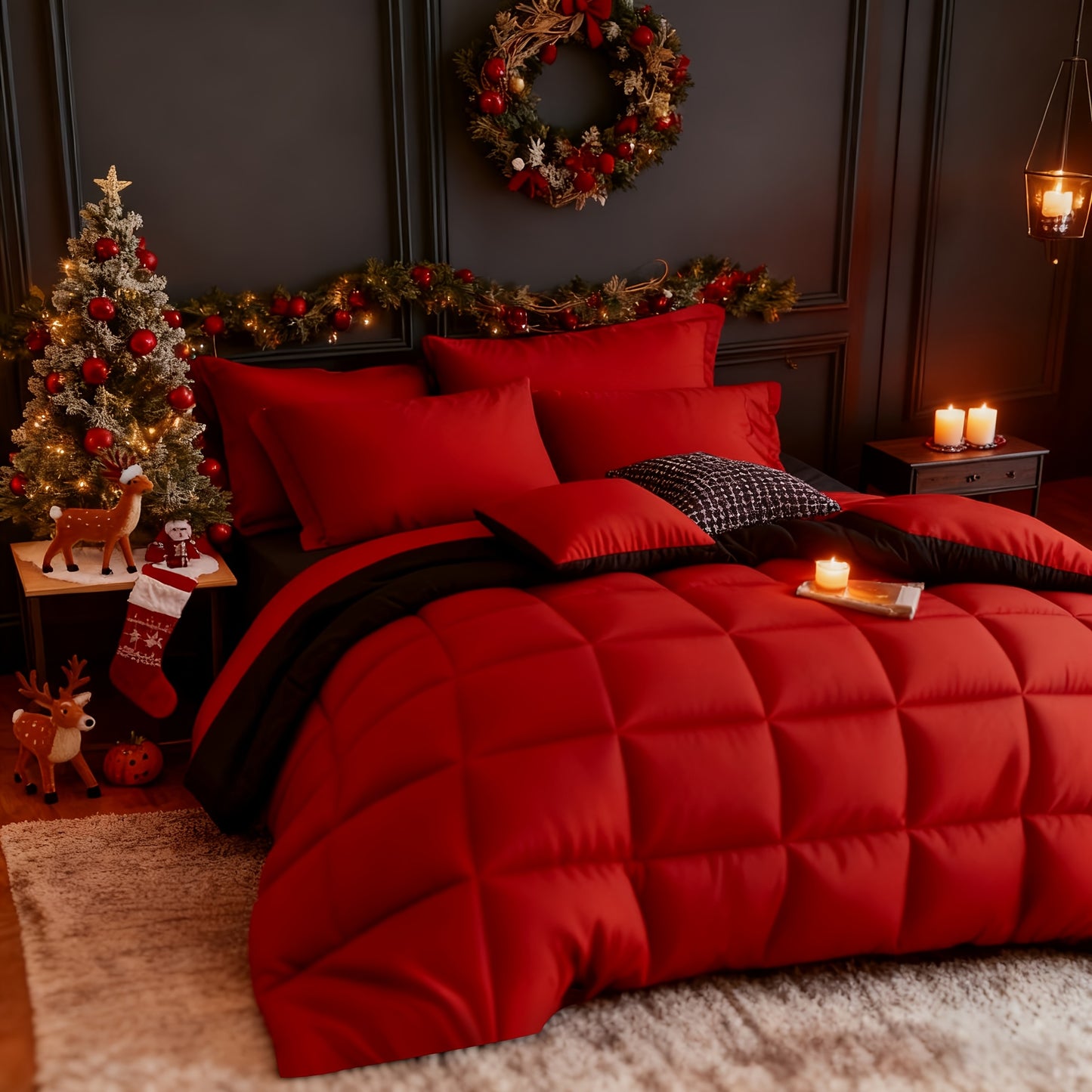 Set Selimut 3pcs Merah/Hitam Ukuran Queen - Set Selimut Nyaman untuk Semua Musim, Termasuk 1 Selimut, 1 atau 2 Sarung Bantal, Selimut Jahitan Kotak Berkualitas Hotel, Dapat Dicuci dengan Mesin, Hadiah Natal yang Cocok untuk Teman dan Keluarga