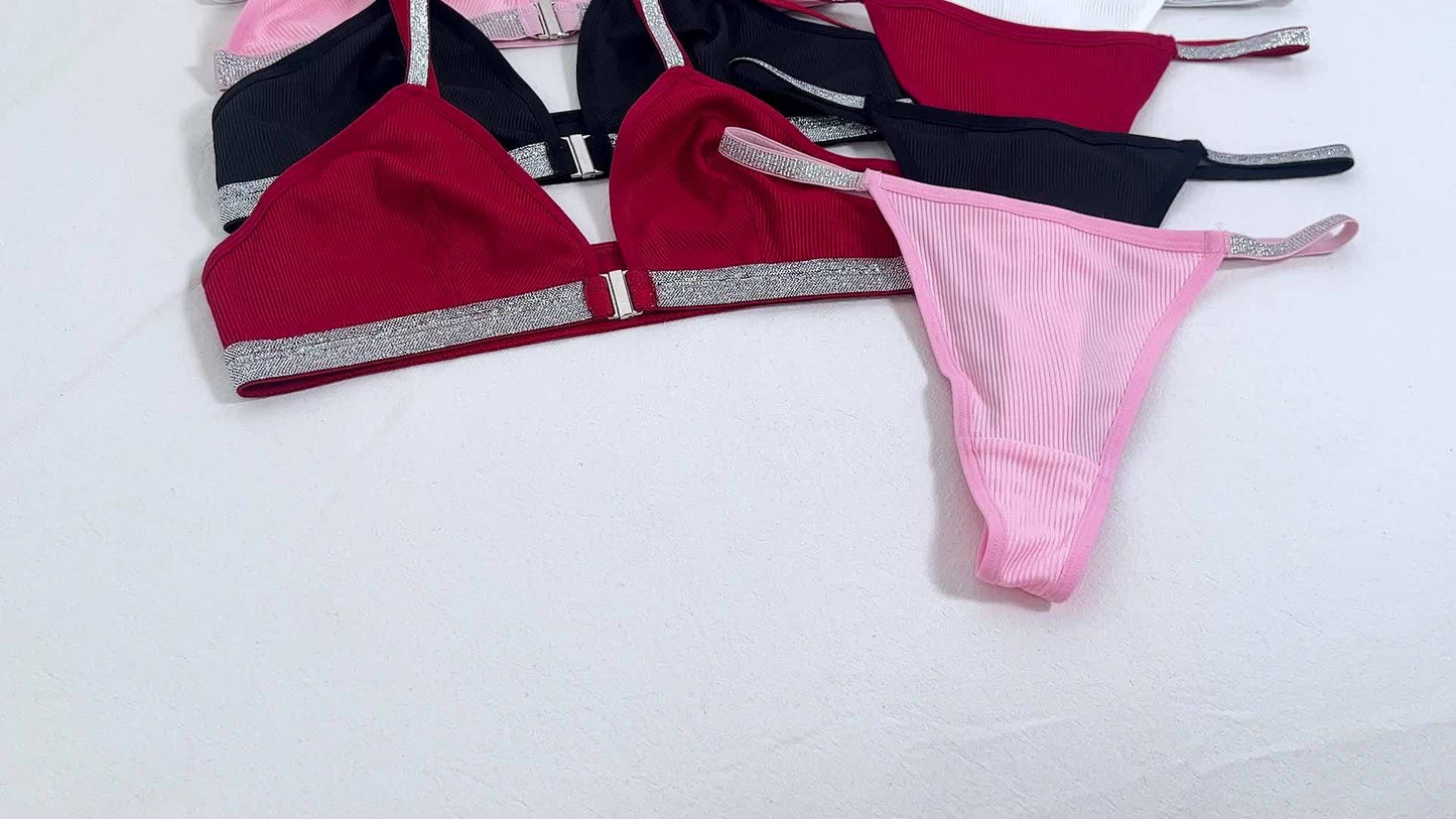 4 Sets Of Women's Sexy Bra Set, Gathered Breathable Front Buckle Bra & Low Waist Thong, Shiny Silvery Ribbon, Love Button, Solid Color Comfortable And Soft Fabrics, Romantic Party Fashion Wearing
