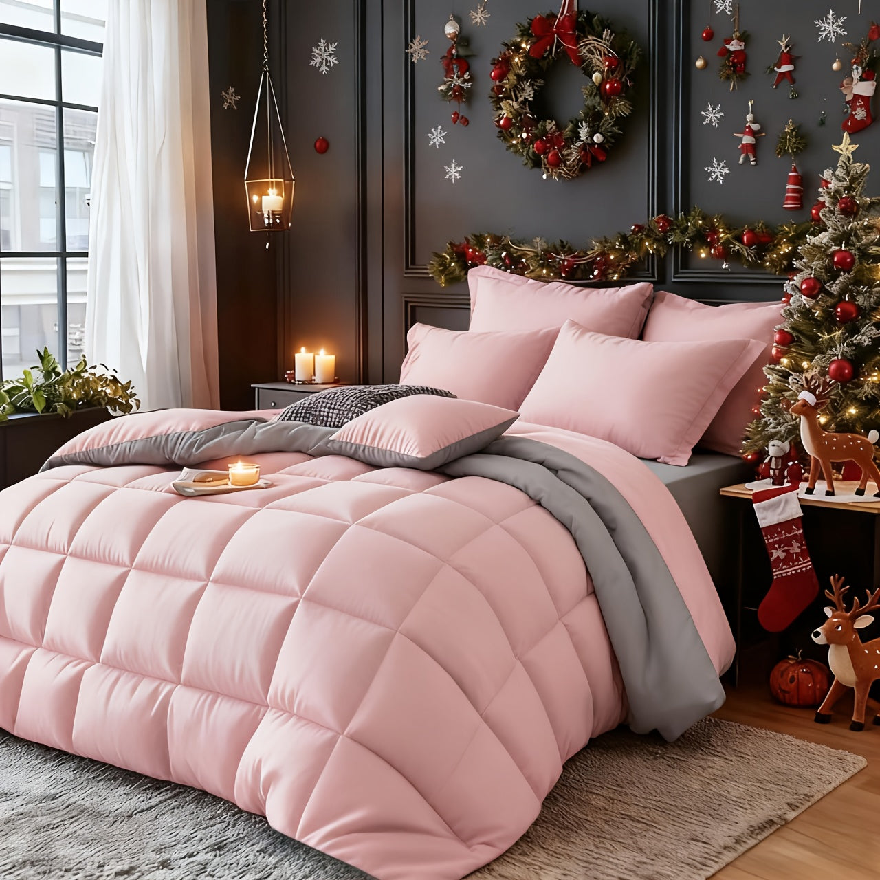 Set Selimut 3pcs Merah/Hitam Ukuran Queen - Set Selimut Nyaman untuk Semua Musim, Termasuk 1 Selimut, 1 atau 2 Sarung Bantal, Selimut Jahitan Kotak Berkualitas Hotel, Dapat Dicuci dengan Mesin, Hadiah Natal yang Cocok untuk Teman dan Keluarga