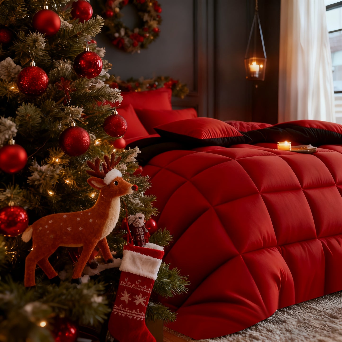 Set Selimut 3pcs Merah/Hitam Ukuran Queen - Set Selimut Nyaman untuk Semua Musim, Termasuk 1 Selimut, 1 atau 2 Sarung Bantal, Selimut Jahitan Kotak Berkualitas Hotel, Dapat Dicuci dengan Mesin, Hadiah Natal yang Cocok untuk Teman dan Keluarga