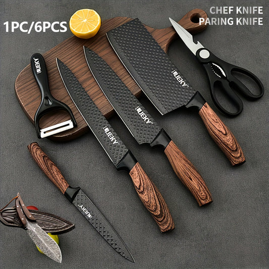 Professional 6 Kitchen Knife Set, Chef's Knife, Slicing Knife, Scraper And Scissors, High Carbon Stainless Steel Super Sharp, With Anti-stick Ergonomic Wooden Handle, Chef's Knife Set, Suitable For Family Travel, Gift Box Set