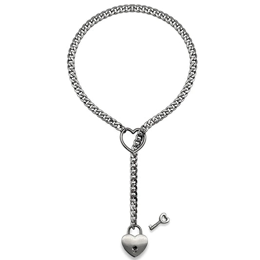 Fashion Womens Slip Chain Necklace Heart O-Ring Rock Cuban Long Necklace Adjustable Heart Shaped Lock Core with Key 2024 New