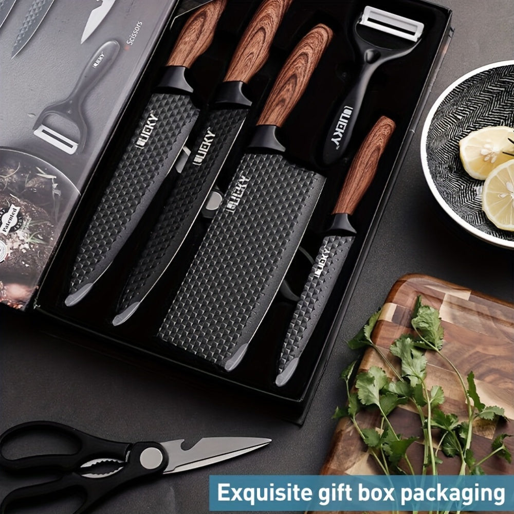 Professional 6 Kitchen Knife Set, Chef's Knife, Slicing Knife, Scraper And Scissors, High Carbon Stainless Steel Super Sharp, With Anti-stick Ergonomic Wooden Handle, Chef's Knife Set, Suitable For Family Travel, Gift Box Set