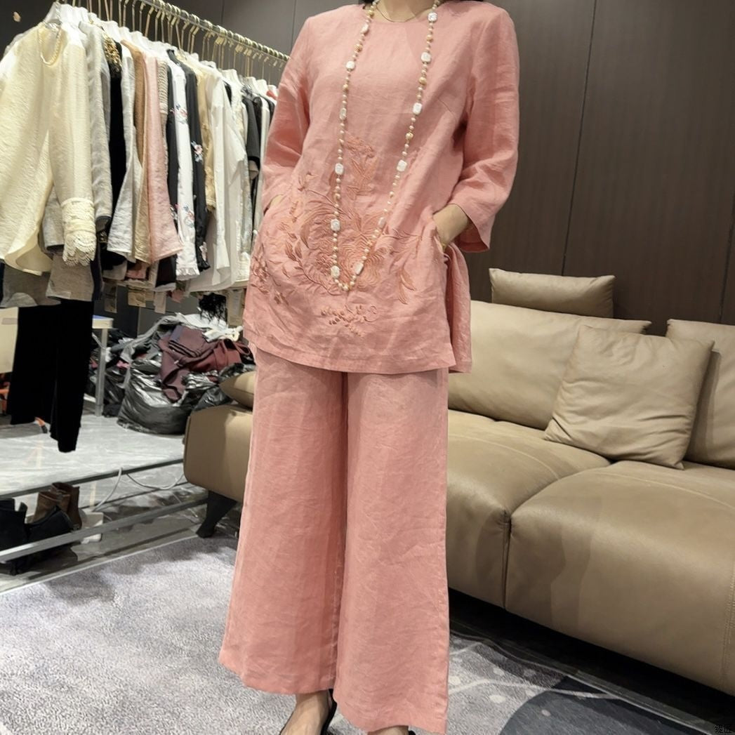 Womens Two-Piece Set New Chinese-Style 34-Sleeve Top With Wide-Leg Pants