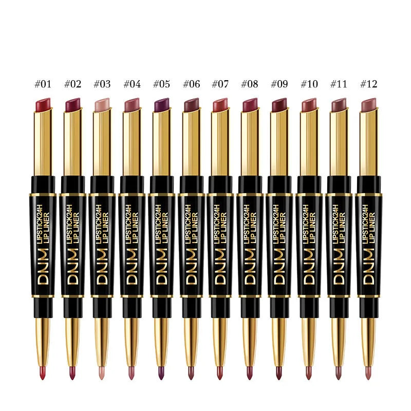 DNM 12 Colors Matte Lipstick Lip Liner 2 in 1 Lasting Makeup Double Head Lipliner Lip Stain Durable Waterproof Lip Cosmetic Tool