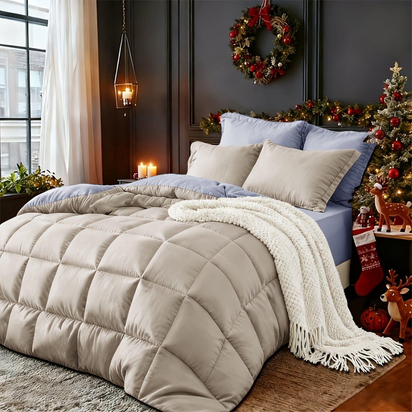 Set Selimut 3pcs Merah/Hitam Ukuran Queen - Set Selimut Nyaman untuk Semua Musim, Termasuk 1 Selimut, 1 atau 2 Sarung Bantal, Selimut Jahitan Kotak Berkualitas Hotel, Dapat Dicuci dengan Mesin, Hadiah Natal yang Cocok untuk Teman dan Keluarga